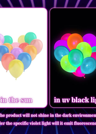 100 Pcs UV Neon Balloons, Neon Glow Party Balloons UV BlackLight Balloons glow in the dark party supplies for Birthday Decorations Wedding Glow Party Supplies Light up Balloons