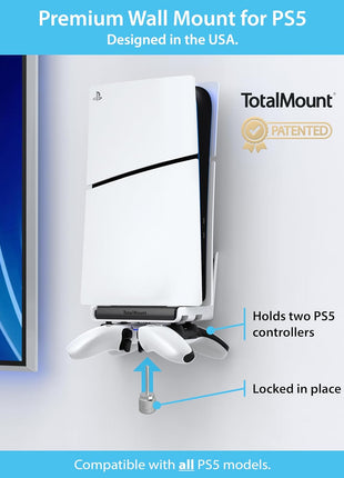 TotalMount Wall Mount for All PS5 Models – Bonus: Holds Two Controllers (Compatible with All PS5 Models Including Slim, Pro, and Original)