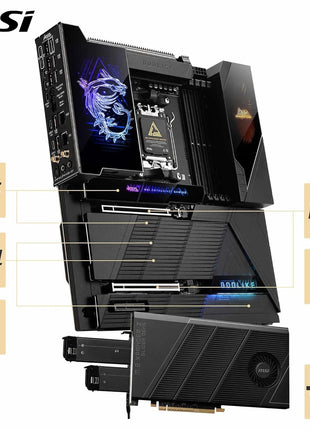 MSI MEG X870E GODLIKE, E-ATX - Supports AMD Ryzen 9000/8000/7000 Processors, AM5 - Dynamic Dashboard III, EZ Slide M.2, 110A SPS, DDR5 Memory (9200+ MT/s OC), M.2 & PCIe 5.0, USB4, Wi-Fi 7, 10G LAN