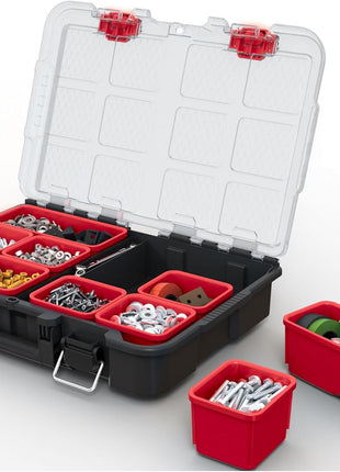 Keter Stack-n-Roll Modular Tools Organizer for Garage Storage and DIY, 3 Piece Resin Rolling Tool Box System for Small Parts, Black