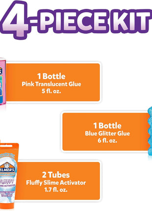 Elmer's Fluffy Slime Kit, Includes Translucent Color Glue, Glitter Glue, Fluffy Slime Activator, 4 Count - Perfect for Birthday Parties, Summer Fun, Creative Kids Activity