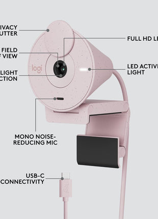 Logitech Brio 300 Full HD Webcam, auto Light Correction, Noise reducing mic, Privacy Shutter, USB-C, Works with Microsoft Teams, Google Meet, Zoom, for Streaming and Video Calling - Rose
