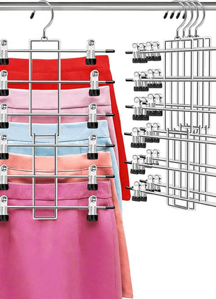 Pants Hangers with Clips,Space Saving Hanging Closet Organizer-6 Tiers Skirt Hangers with 360° Swivel Hook,Closet Organizer-Clothes Hangers- College Dorm Essentials Apartment Essentials-2 Pack