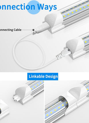 (Pack of 4) Linkable LED Utility Shop Lights for Garage, 6FT, 60W, LED Tube Ceiling Light T8 Integrated Single Fixture, 6000K, 8000LM Daylight V Shape, Basement, Offices, Clear Lens, Plug and Play