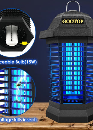 GOOTOP Bug Zapper Outdoor, Mosquito Zapper, 3 Prong Plug in Electric Fly Zapper, Mosquito Killer, Fly Traps, Flying Insects Zapper Indoor Outdoor, 4200V, ABS Plastic Outer (Black)