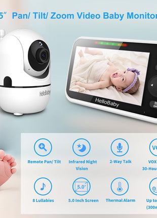 HelloBaby No WiFi Baby Monitor 5" Screen 30-Hour Battery Pan-Tilt-Zoom Video Upgrade with Camera and Audio, Night Vision, VOX, 2-Way Talk, 8 Lullabies and 1000ft Range, HB6550