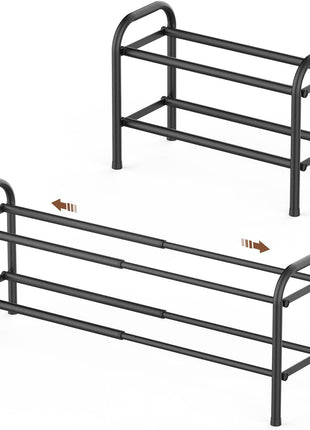 Gonfoam 2 Tier Expandable Shoe Rack,Adjustable Shoe Shelf Storage Organizer Heavy Duty Metal Free Standing Shoe Rack for Entryway Closet Doorway (Black)