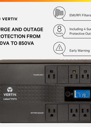 Liebert PST5 UPS - 850VA/500W 120V, LCD Monitoring Screen, Standby Power, 8 Outlets, USB Charging, 3 Year Warranty, Uninterruptible Power Supply, Battery Backup with Surge Protection (PST5-850MT120)