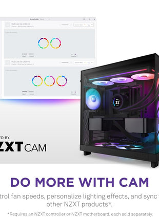 NZXT F360 RGB Core - 360mm Single-Frame RGB Fan Unit - Black | 360mm single-frame unit with three 120mm RGB fans on one cable. Speed and lighting controlled through CAM.