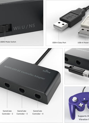 MAYFLASH Gamecube Controller Adapter for Wii U, PC Windows and Switch/Switch 2, 4 Ports