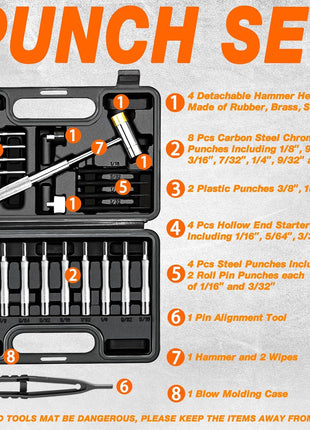 BESTNULE Punch Set, Pin Punches, Punch Tool, Roll Pin Punch Set, Made of High Quality Metal Material Including Punches and Hammer, Mechanical Repair Tool, with Organizer Storage Box (with Bench Block)