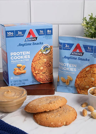 Atkins Peanut Butter High Protein Cookie, Keto Snacks, 3g Net Carb | Low Sugar and Low Carb Treats, Satisfies Cravings with High Protein, 4 Count, Individually Wrapped for On-the-Go, 1g Sugar