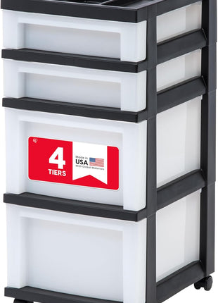 IRIS USA 4-Drawer Rolling Storage Cart with Organizer Top, Black/Pearl | Keep craft supplies, office essentials, classroom items, and accessories organized with easy-access drawers for daily use
