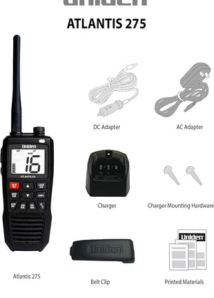 Uniden Atlantis 275 Handheld Two-Way VHF Marine Radio, Floating IPX8 Submersible Waterproof, Large Dual-Color Screen, 6-Watt, All USA/International/Canadian Marine Channels, NOAA Weather Alerts