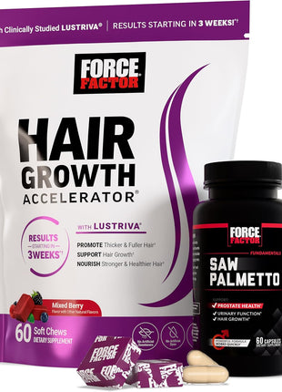 Force Factor Hair Growth Accelerator Soft Chews, Hair Growth Vitamins for Women and Men with Clinically Studied Lustriva and Biotin, Promotes Thicker, Fuller, Stronger Hair + Saw Palmetto