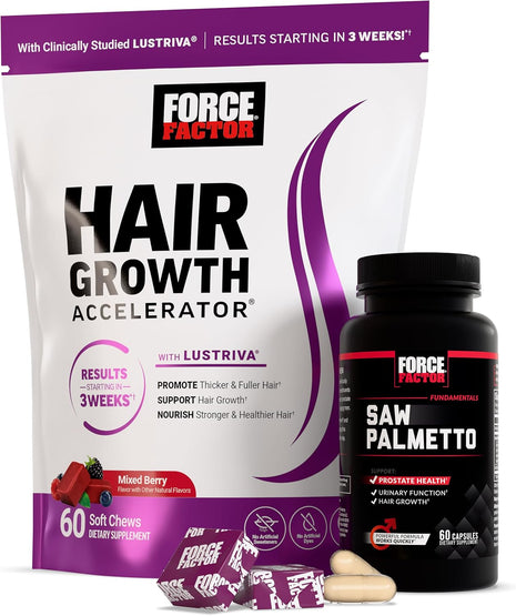 Force Factor Hair Growth Accelerator Soft Chews, Hair Growth Vitamins for Women and Men with Clinically Studied Lustriva and Biotin, Promotes Thicker, Fuller, Stronger Hair + Saw Palmetto