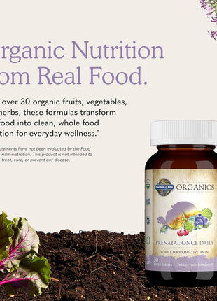 Garden of Life Organics Prenatal Once Daily with Folate, Vitamin C, B6, B12 & D3 – Prenatal Vitamins for Women with Energy Metabolism Support for Healthy Fetal Development, Non-GMO, Vegan, 30 Tablets