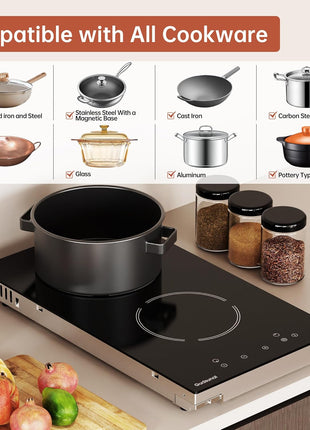 2 Burner Electric Cooktop, 2000 Watt, 110V with Plug | 12 Inch Touch Control Electric Stove Top for Countertop & Built-in Use | Timer, Child Lock, Hot Surface Indicator Included,Matte Black