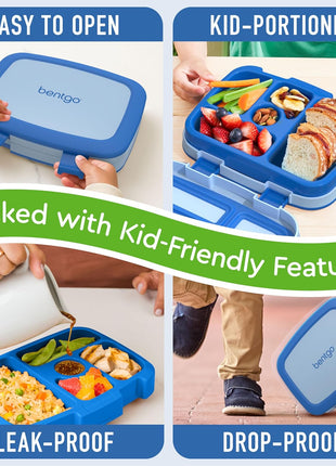 Bentgo Kids Bento-Style 5-Compartment Leak-Proof Lunch Box | Ideal Portion Sizes for Ages 3-7, Durable, Drop-Proof, Dishwasher Safe, PFAS & BPA-Free Materials (Blue)