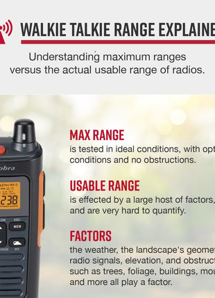 Cobra RX680 Walkie Talkies (2-Pack) - Rugged & Splashproof Two Way Radios Long Range, IP54 Water Resistant Design, 60 Pre-Programmed Channels, Weather Alerts, Included Charging Dock (Black/Orange)