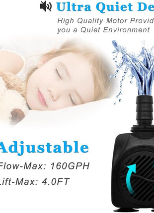 PULACO 160GPH Small Fountain Pump, Ultra Quiet Submersible Water Pump (600L/H, 10Watt) with 3.3 ft Tubing for Aquariums, Pond Fountain, Water Feature, Indoor Fountains