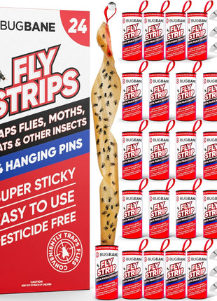 Fly Strips Indoor Sticky Hanging 24pk with Pins. Non Toxic Outdoor Fly Trap Indoor for Home. Flies Tape Paper Trap Ribbon Roll for House Gnat Fruit and Housefly. Bug Catchers for Inside Home Flypaper