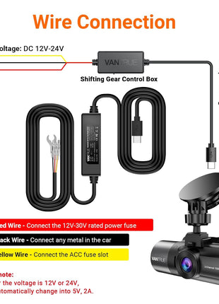 Vantrue 11.5ft USB-C Hardwire Kit (12V–24V to 5V) with Acc Functionality, Low Voltage Protection, Compatible with All Vantrue USB-C Dashcams