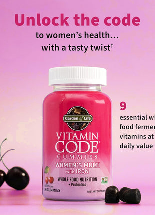 Garden of Life Vitamin Code Women's Multivitamin Gummy with Iron: Folate, Biotin, D3 & B12 for Hair, Skin & Nails + Probiotics for Immune Health & Digestion, Non-GMO, Gluten-Free, 90 Cherry Gummies