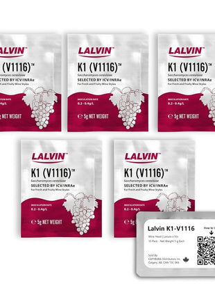Lalvin K1-V1116 Wine Yeast (5 Pack) - Make Wine Cider Mead Kombucha At Home - 5 g Sachets - Saccharomyces cerevisiae - Sold by CAPYBARA Distributors Inc. | Make Wine Cider Mead Kombucha At Home, 5 g Sachets, Saccharomyces cerevisiae