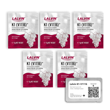 Lalvin K1-V1116 Wine Yeast (5 Pack) - Make Wine Cider Mead Kombucha At Home - 5 g Sachets - Saccharomyces cerevisiae - Sold by CAPYBARA Distributors Inc. | Make Wine Cider Mead Kombucha At Home, 5 g Sachets, Saccharomyces cerevisiae
