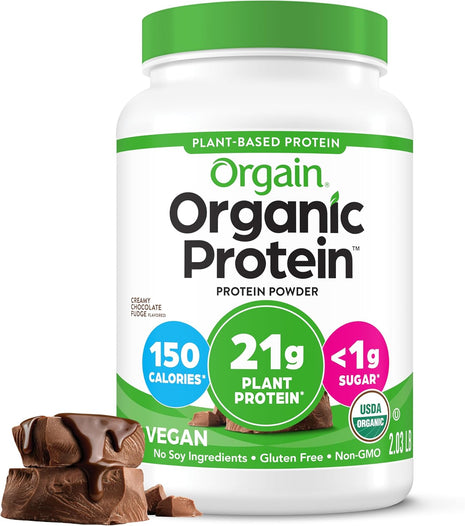 Orgain Organic Vegan Protein Powder, Creamy Chocolate Fudge   21g Plant Protein, 6g Prebiotic Fiber, Low Net Carb, No Lactose Ingredients, No Added Sugar, Non GMO, For Shakes & Smoothies, 2.03 lb