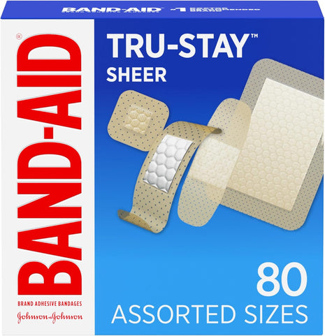 Band Aid Brand Tru Stay Sheer Strips Adhesive Sterile Bandages for First Aid & Wound Protection, Individually Wrapped Wound Care Bandages for Minor Cuts & Scrapes, Assorted Sizes, 80 ct