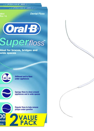 Oral-B Dental Floss for Braces, Super Floss Pre-Cut Strands, Mint, 50 Count, Pack of 2