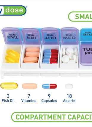 Ezy Dose Weekly (7 Day) AM/PM Pill Organizer, Vitamin and Medicine Box, Small Pop out Compartments, 2 Times a Day, Blue and Purple Lids