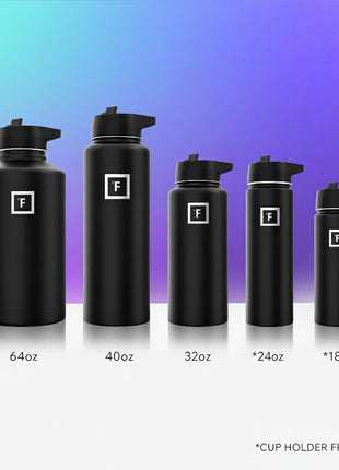 IRON °FLASK Camping & Hiking Hydration Flask with Straw, Wide Mouth Insulated Stainless Steel Sports Water Bottle - Midnight Black 24 oz - Straw (1 Lid)