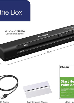 Epson Workforce ES-60W Wireless Compact Mobile Document Scanner | PC Mac iOS Android 4 Second Scan Speed Battery Powered Mobile Sheet-Fed Scanner with OCR Software