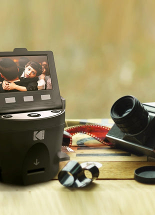 KODAK SCANZA Film & Slide Scanner, 3.5" LCD, 35mm, 126, 110, Super 8 & 8mm | Converts color/B&W negatives to 14MP/22MP JPEGs; SD up to 128GB (not included); HDMI, USB, video cable, AC adapter included
