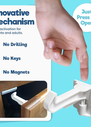 Upgraded Invisible Baby Proofing Cabinet Latch Locks (10 Pack) - No Drilling or Tools Required for Installation, Works with Most Cabinets and Drawers, Works with Countertop Overhangs, Highly Secure