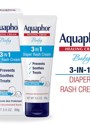 Aquaphor Baby Diaper Rash Cream, 3-in-1 Diaper Rash Relief, 3.5 Oz Tube, (Pack of 3)