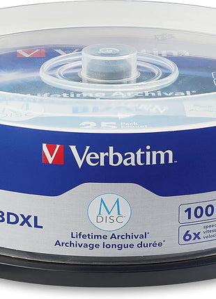 Verbatim M DISC BDXL 100GB 6X with Branded Surface Blank Blu-Ray Recordable Media – 25pk Spindle