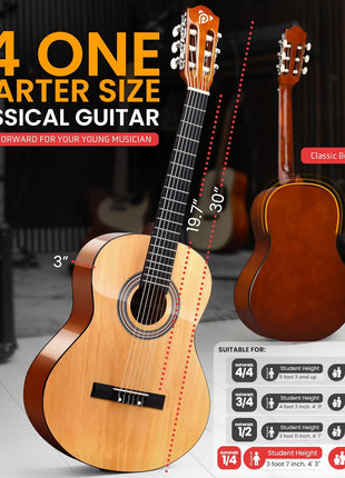 Pyle Beginner Acoustic Guitar Kit, 1/4 Junior Size All Wood Build Nylon Stringed Instrument with Capo, Strap, Extra String Set, Gig Bag, Guitars for Beginners Adults Youth, 30" Natural Gloss