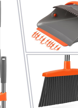 Broom and Dustpan Set for Home, Broom and Dustpan Combo for Office, Long Handle Broom with Upright Standing Dust pan,Indoor&Outdoor Sweeping (Gray&Orange)