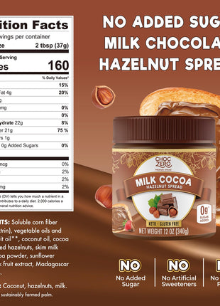 ChocZero Milk Chocolate Hazelnut Spread - No Added Sugar, Keto Friendly Low-Carb Chocolate Hazelnut Dessert & Bread Topping, Gluten Free, High Fiber, 12 oz Jar