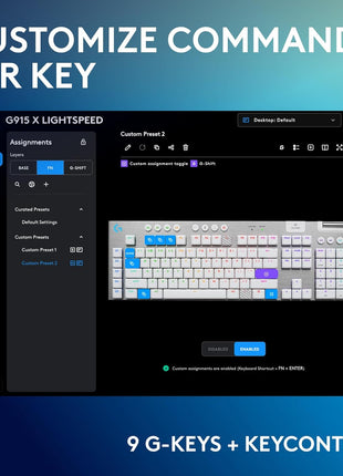 Logitech G915 X Lightspeed Low-Profile Wireless Gaming Keyboard, Double-Shot PBT Keycaps, Fully Programmable Keys, RGB Backlighting, Sleek Aluminum Finishing, GL Brown Tactile Switches-PC/Mac - White