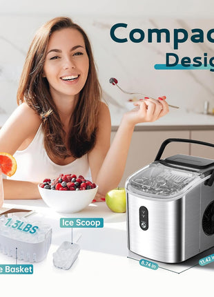 EUHOMY Ice Maker Countertop, Portable Ice Machine with Carry Handle, 26.5lbs Per Day, 9 Cubes in 6 Mins, Auto-Cleaning, with Basket and Scoop, for Home, Kitchen, Camping, RV (Silver)