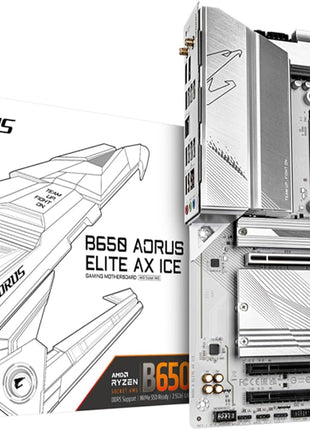 GIGABYTE B650 AORUS Elite AX ICE AMD AM5 ATX Motherboard, Support Ryzen 9000/8000/7000 Series, DDR5, 12+2+2 Power Phase, PCIe 5.0 M.2, USB-C 3.2 Gen 2, WIFI6E, 2.5GbE, EZ-Latch, Q-Flash, RGB Fusion