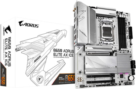 GIGABYTE B650 AORUS Elite AX ICE AMD AM5 ATX Motherboard, Support Ryzen 9000/8000/7000 Series, DDR5, 12+2+2 Power Phase, PCIe 5.0 M.2, USB-C 3.2 Gen 2, WIFI6E, 2.5GbE, EZ-Latch, Q-Flash, RGB Fusion