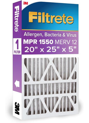 Filtrete 20x25x5 AC Furnace Air Filter, MPR 1550, MERV 12, Fits Trion AirBear, CERTIFIED Asthma & Allergy Friendly, Electrostatic Air Cleaning Filter, 1-Pack (actual size 19.56 x 24.13 x 4.75)