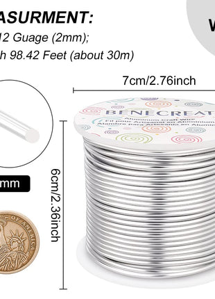 BENECREAT 12 17 18 Guage Aluminum Wire (12 Gauge 100FT) Silver Anodized Jewelry Craft Wire for Beading Floral Making, Jewelry Sculpting Model Making