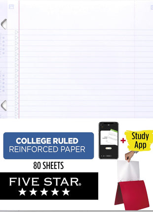 Five Star Loose Leaf Paper  Study App, College Ruled Filler Notebook Paper, Reinforced, Fights Ink Bleed, 8-1/2 inch x 11 inch, 80 Sheets (170102)